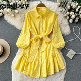 2022 Autumn New Lace Embroidery Dress Women Lantern Sleeves Dresses Female Vintage Party Beach Mini Short
