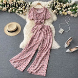 Women Summer Chic Korean Suit Sexy O Neck Chiffon Short Tops+High Waist Wide Leg Split Long Pants Two Piece