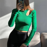 Toloer 2023 New Thread Long-Sleeved Top Women's Hollow Off-Shoulder Round Neck Short T-Shirt Tight Show Thin Direct-Outfit