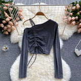 Off Shoulder Strap Blouse Women Diagonal-Collar Long Sleeve Slim Tops Summer Korean Off Shoulder Short