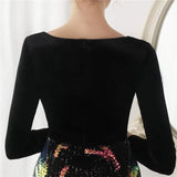 Winter Elegant Velvet With Sequins Deep V Neck Long Sleeve Slit Cocktail Eevening