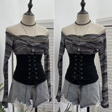 Real Shot Of The Hottie Shoulder Mesh Hot Diamond To Receive The Belt Strap Horn Long Sleeve Top Short T-Shirt
