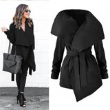 Winter Coat Woman Wool Blend Fashion Lapel Coat Sexy V-Neck Imposing Coat Leather Tie Solid Casual Slim Woman Coat
