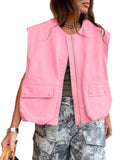 New Women's Sleeveless Pocket Baggy Vest Solid Color Cardigan Zipper Fashion Coat Women-Outfit