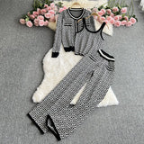 Toloer Suit Female Round Collar Jacquard Cardigan Coat Vest Three-Piece High Waist Slim Straight Wide Leg