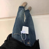 Blue Plus Velvet Jeans Children New Spring And Autumn High-Rise Thin Small Narrow Version Of Straight Broad Leg Pants