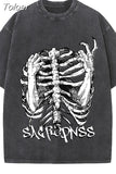 New Water Wash Y2k Harajuku T-shirt Anime Skeleton Printed Cotton T-shirt Kawaii Women's Goth Old Craft Short Sleeve