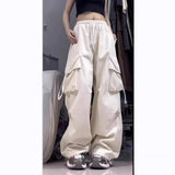 Toloer Speed Dry Cargo Pants Female Stereo Pocket High Waist Straight Tube Wide Leg Ribbon Loose Casual Floor