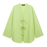 Summer New Women's Casual V-Neck Bow Tie And Suit Top Straight Trousers