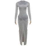 Women's 2025 Summer New Round Neck Fashion Sexy Body Folding Fork Long Sleeve Skirt