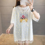 Daisy Gauze Spliced Pullovers Casual Female Clothing Fake Two Pieces Summer Korean Printed Commute Loose Midi T-shirt-Outfit