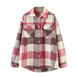 Loose Casual Wool Plaid Jacket Women Turn Down Collar Fashion Coat With Pockets Autumn Long Sleeve Ladies Jackets