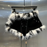 Low Waist Lace-up Fur Trim Shorts-Outfit