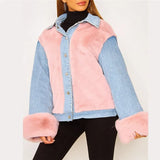 Women Streetwear Plush Denim Jacket Coat Autumn Winter Casual Adults Long Sleeve Lapel Neck Plush Patchwork Jacket Outerwear