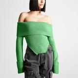 Toloer 2024 New Fashion Temperament One Word Shoulder Slim Slim Long-Sleeved Sweater Women's Solid Color Back Sweater-Outfit