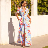 Summer New Fashion Print Short-Sleeved With Open Shirt Flip-Neck Dress