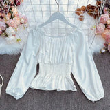 New Spring Fashion All-match slash neck off shoulder Blouse ruched waist slim Ruffle Shirt