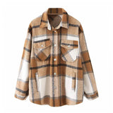 Loose Casual Wool Plaid Jacket Women Turn Down Collar Fashion Coat With Pockets Autumn Long Sleeve Ladies Jackets