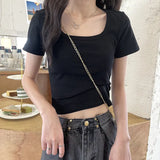 Toloer Short T-Shirt Female Solid Color 2024 New High Waist Slim Show Thin Hot Girl All-Match Short-Sleeved Square Collar Top