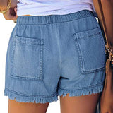Women's Washed Denim Shorts, Casual Drawstring Elastic Waist Frayed Hem Loose Short Jeans-Outfit