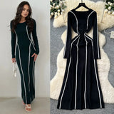 High-End Sense Niche Fashion Side To Receive Waist Round Collar Long-Sleeved Sweater Dress Female Thin