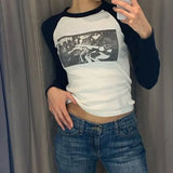 2024 Ins Internet Celebrity Personality Trend New Shoulder-To-Shoulder Abstract Long-Sleeved Head Printed T-Shirt Girl-Outfit