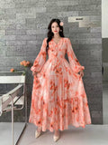 Dress Women 2025 New High-End Sense V-Neck Pearl Buckle Lantern Sleeves Wide Swing Print Long