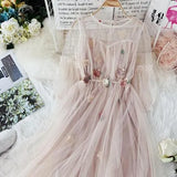 new women O-neck lantern sleeve gauze fairy puff dress female flower appliques elegant mesh princess