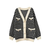 Black Plaid Sweater 2022 Women Loose Casual Pockets Cardigan Winter Spring Outwear Female Tops Femme Chandails