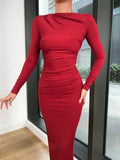 Women Slash Neck Slim Fit Sheath Sexy Long Dresses Full Sleeve Hip Wrap Splice Gown Vestidos Pleated High Waist 2024-Outfit