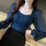 Bubble Sleeves Women's Long Sleeve Spring New Square Collar Knitted Shirt Dress Jacket Coat Jacket
