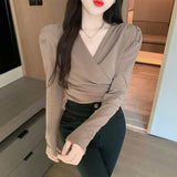 Toloer Autumn Dress New Vintage Pleated Cross V-Neck Chic Top Feeling Shoulder Padded Bubble Sleeve Long Sleeve T-Shirt Women-Outfit