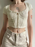 Sweet Casual Lace-up Corset Top Coquette Aesthetic Short Sleeve T-shirt Square Collar Cropped Tops Korean Cute Tees