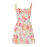 Women Elegant Flower Print Low Cut Tie-Up Sleeveless Cami Bodycon Corset Short Dress Summer Backless Party Clubwear-Outfit