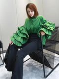 Loose Solid Shirt For Women Stand Collar Lantern Sleeve Patchwork Ruffle Single Breasted Chic Blouse Female 2023