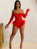 Sequin Feather Rompers Womens Bodysuits Sexy Off The Shoulder Long Sleeve Playsuit Night Out Party Club Bodycon