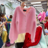Color Mink Cashmere Pink Cardigan New Korean Autumn Winter Thick Soft Single Breasted Knitting Loose Sweater