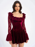 Red Velvet Long Sleeve Flare Mini Dress-Outfit