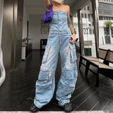 Toloer New Fashion Street Style With Chest And Waist Show Figure Hot Girl Many Pocket Jeans Cargo Pants Jumpsuit-Outfit