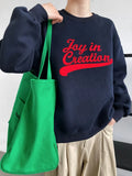 Women's Letter Embroidery Crewneck Oversized Sweatshirt Blue Beige Long Sleeve