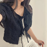Blusas De Mujer Sweet Blouse for Women Bandage V-neck Puff Sleeve Folds Shirts Crop Tops Summer Fashion Chic Blouses