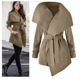 Winter Coat Woman Wool Blend Fashion Lapel Coat Sexy V-Neck Imposing Coat Leather Tie Solid Casual Slim Woman Coat