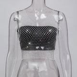 Toloer Nightclub Dresses Fishnet Hollow Out Rhinestone Vest Mesh Flash Diamond Sling Top