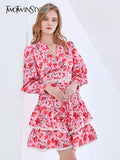 Print Pink Spring Dress For Women V Neck Long Sleeve High Waist Color Block Mini Dresses Female 2022 Fashion