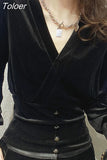 Blouses for Women V-neck Slim Fit Black Velvet Shirts 2023 Blusas Mujer De Moda Fashion Temperament Korean Blouse