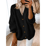 And Winter New Single-Dbutton V-Neck Sweater Women Loose Lantern Sleeve