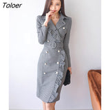 Women Midi Dress Formal Temperament Vintage Bird Lattice Ruffle Double Breasted Belt Slim Lady Robe Femme Mujer