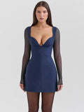 Long Sleeve Plunge Neck Mini Dress-Outfit