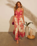 New Spring Summer Shoulder V-Neck Women's Slings Print Fairy Long Temperament Dress Dress Dress