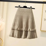 Knit Solid Elastic High Waist Ruffles Pleated Midi Skirt-Outfit